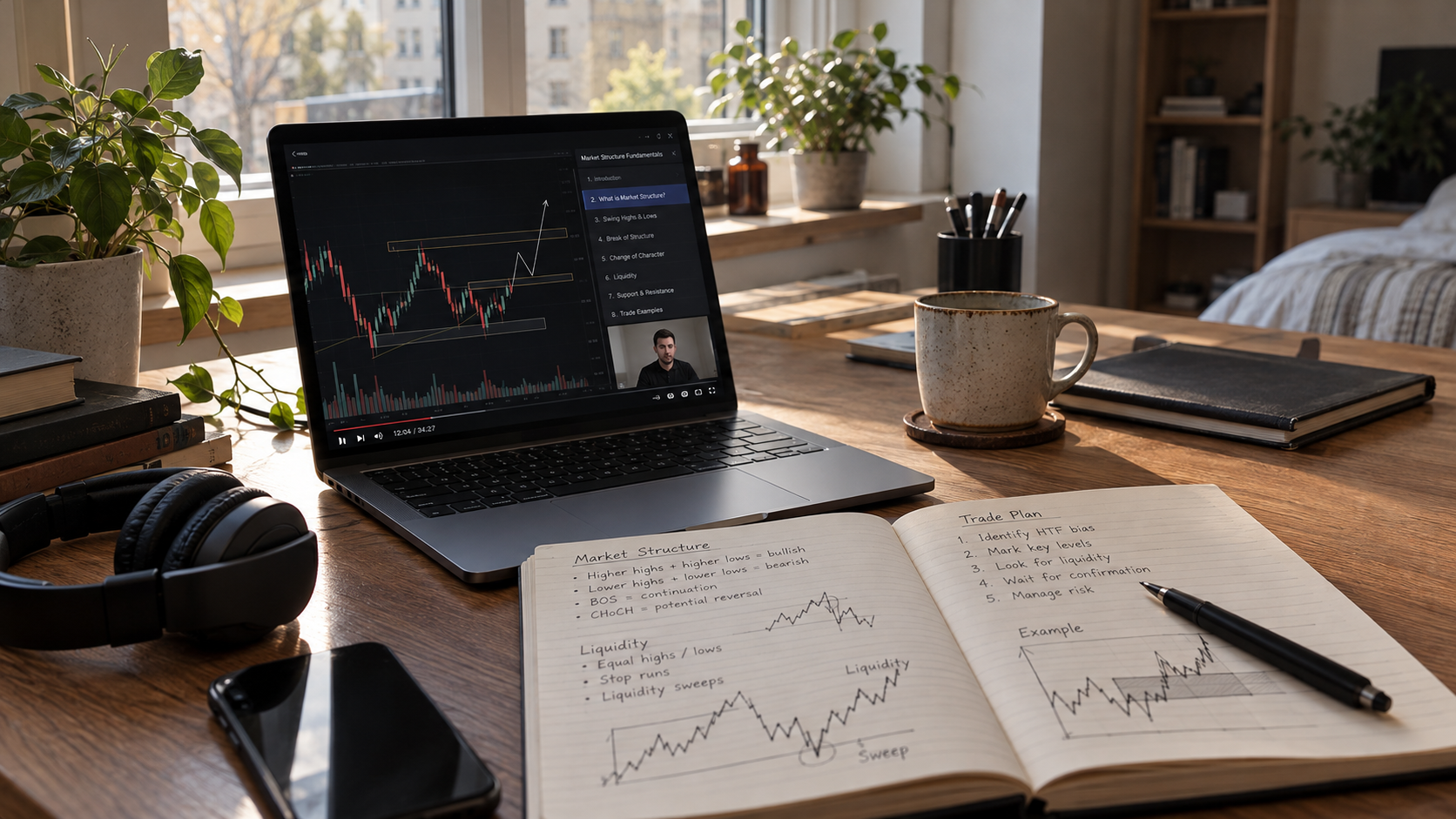 A laptop playing a recorded lesson beside an open notebook of market notes.