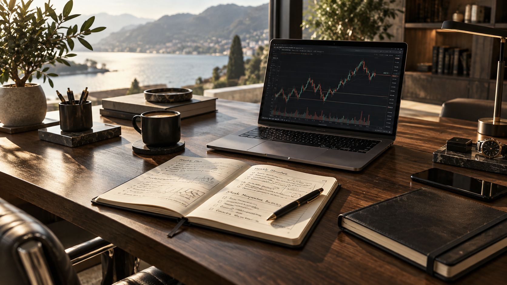 An open notebook with a weekly plan on a desk, next to a laptop showing a chart.