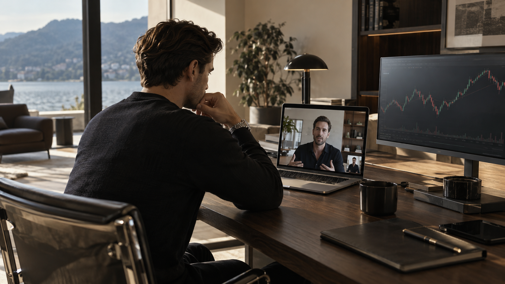 A man on a video call at his desk, with a trading chart on a second screen.