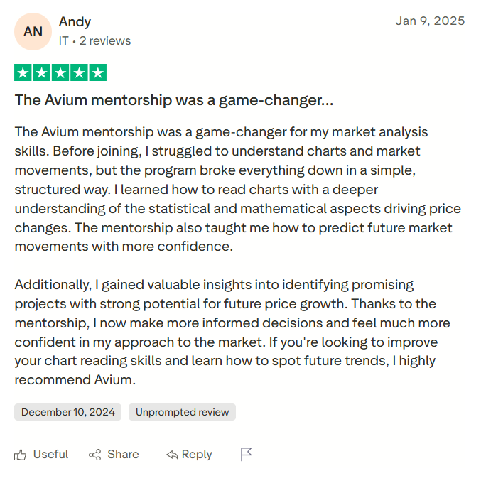 Trustpilot review by Andy, 9 January 2025. Five stars. Title: The Avium mentorship was a game-changer.
