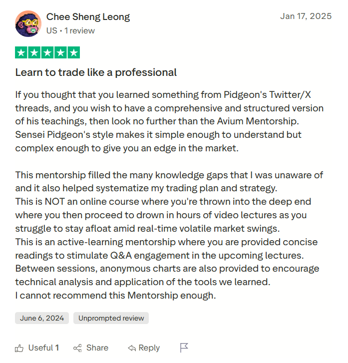 Trustpilot review by Chee Sheng Leong, 17 January 2025. Five stars. Title: Learn to trade like a professional.