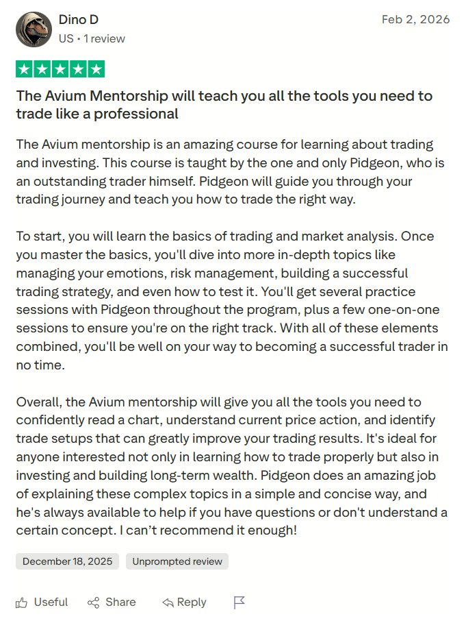 Trustpilot review by Dino D, 2 February 2026. Five stars. Title: The Avium Mentorship will teach you all the tools you need to trade like a professional.