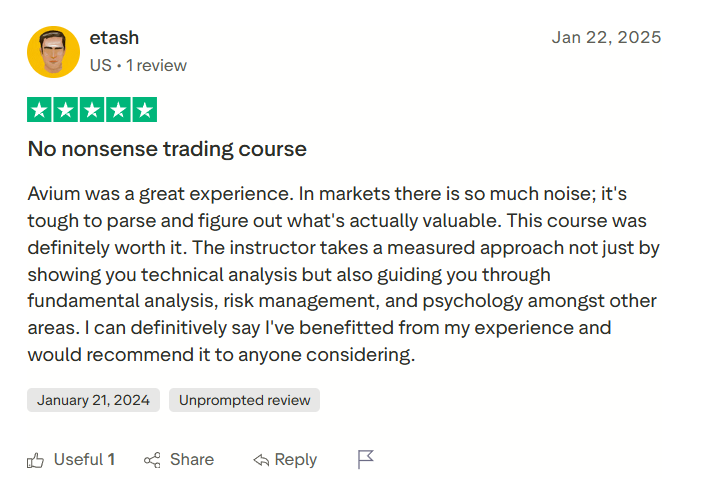 Trustpilot review by etash, 22 January 2025. Five stars. Title: No nonsense trading course.