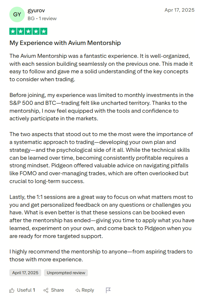 Trustpilot review by gyurov, 17 April 2025. Five stars. Title: My Experience with Avium Mentorship.