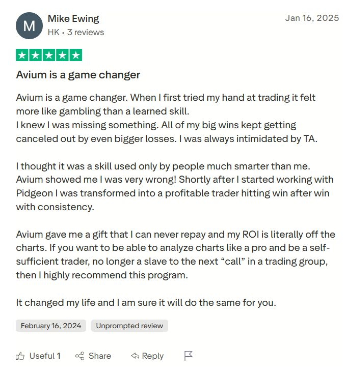 Trustpilot review by Mike Ewing, 16 January 2025. Five stars. Title: Avium is a game changer.