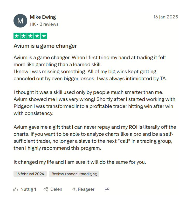 Trustpilot review by Mike Ewing, 16 January 2025. Five stars. Title: Avium is a game changer.