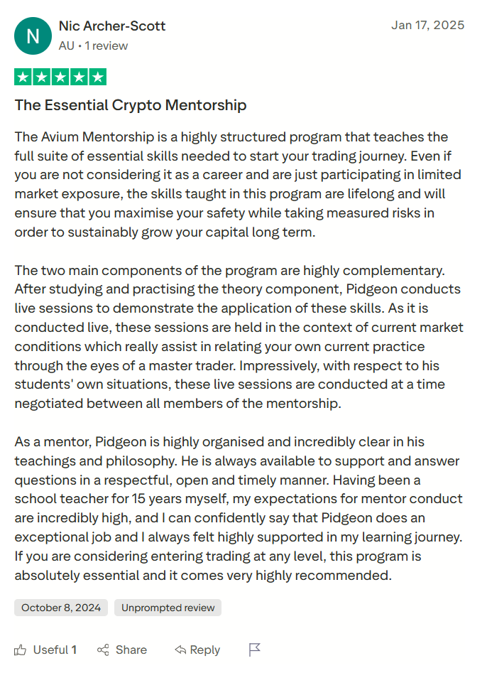 Trustpilot review by Nic Archer-Scott, 17 January 2025. Five stars. Title: The Essential Crypto Mentorship.