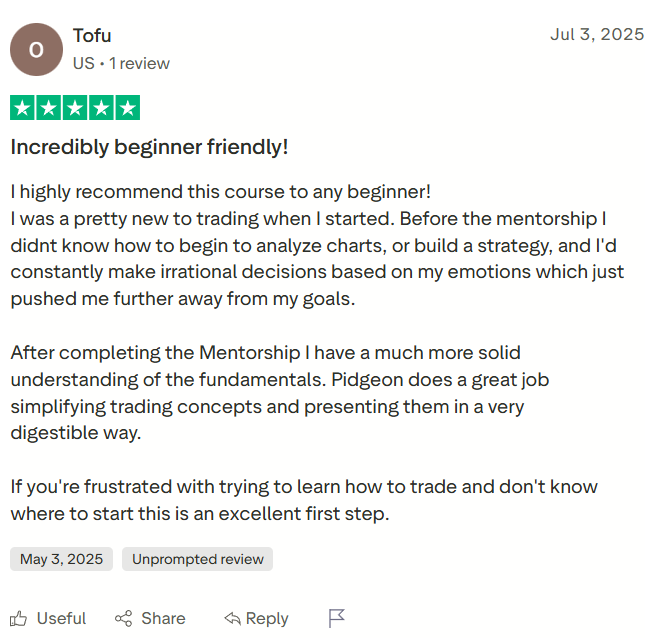 Trustpilot review by Tofu, 3 July 2025. Five stars. Title: Incredibly beginner friendly!