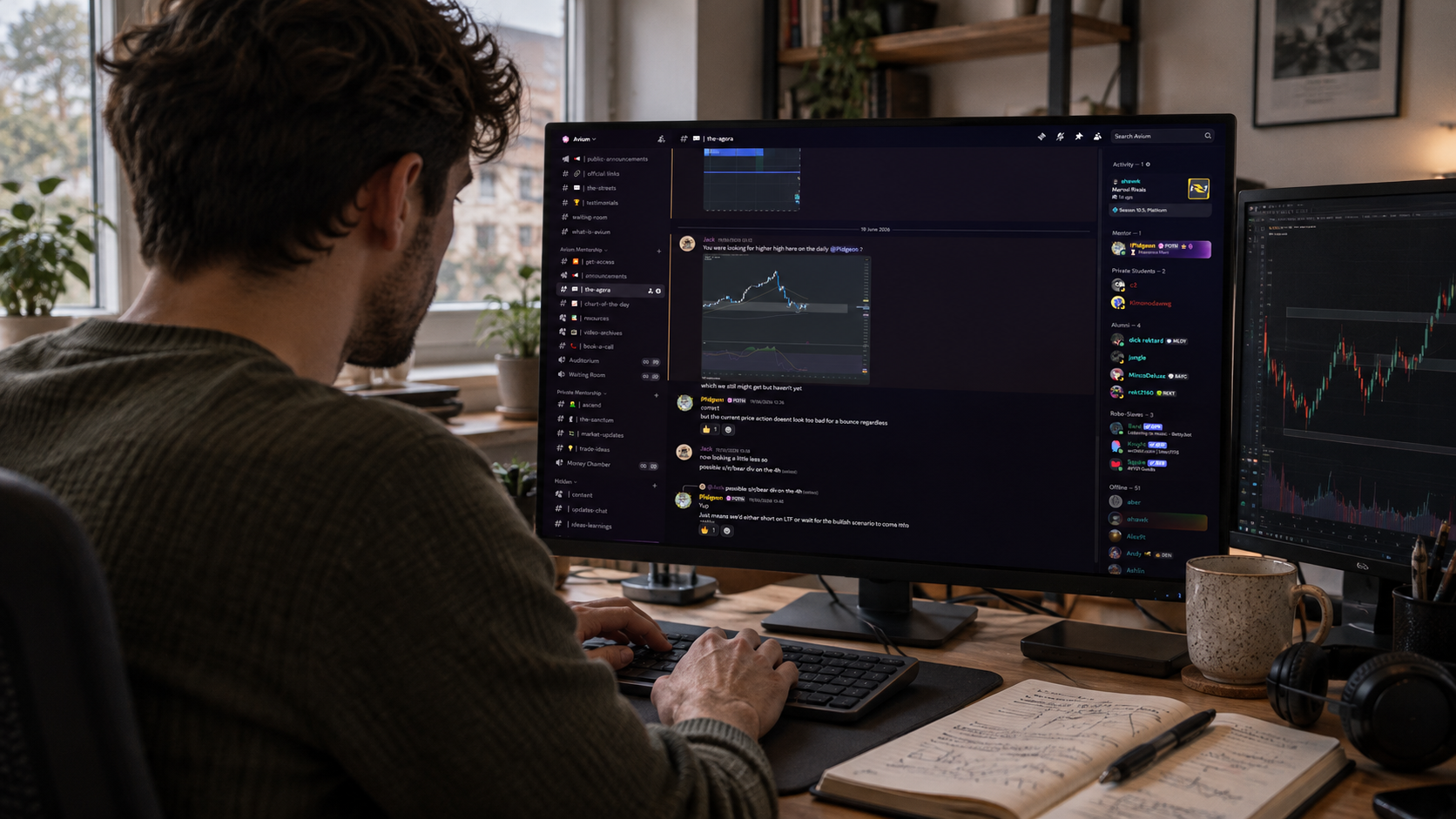 A student at a desk in a group chat, with a chart on a second screen and a notebook open.